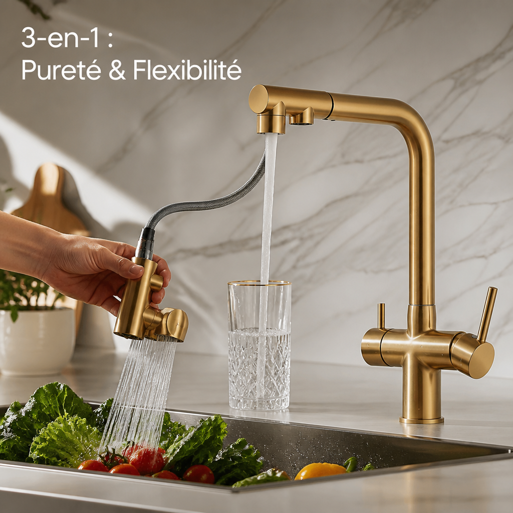 Robinet de cuisine 3-en-1 avec douchette et sortie pour eau filtrée